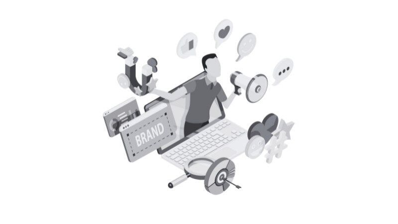 Illustration of a marketer using social media tools for digital marketing and brand promotion.