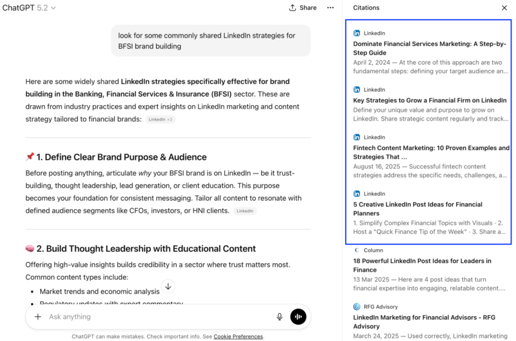 ChatGPT's Results For Linkedin Strategy  for BFSI branding