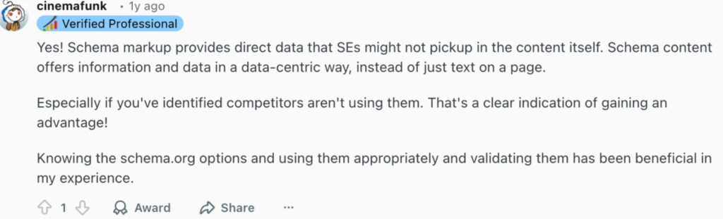 Verified SEO professional on Reddit highlights that schema adds clear, structured data beyond page text, making it easier for search engines to understand and use.