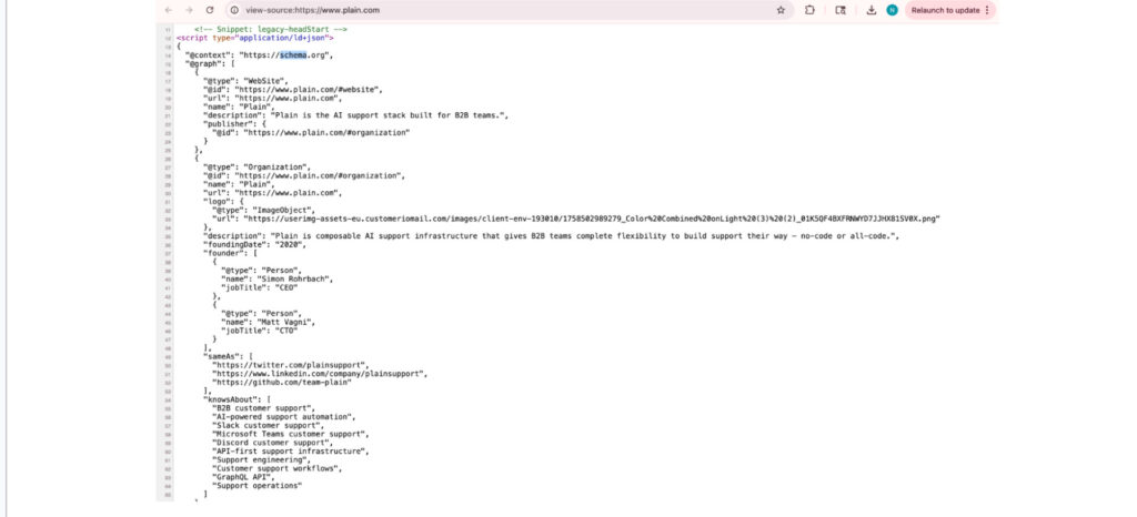 Screenshot of Plain’s Organization schema defining the brand clearly.